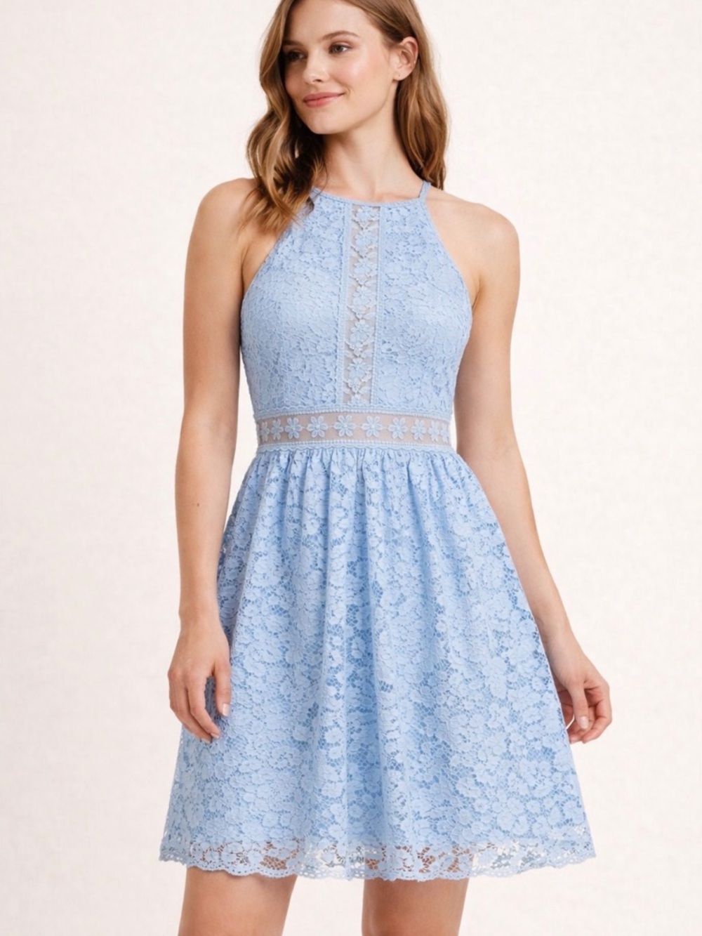 Altar’d State Blue Lace Halter Dress Size M Sheer Mesh Floral Waist(E62)
